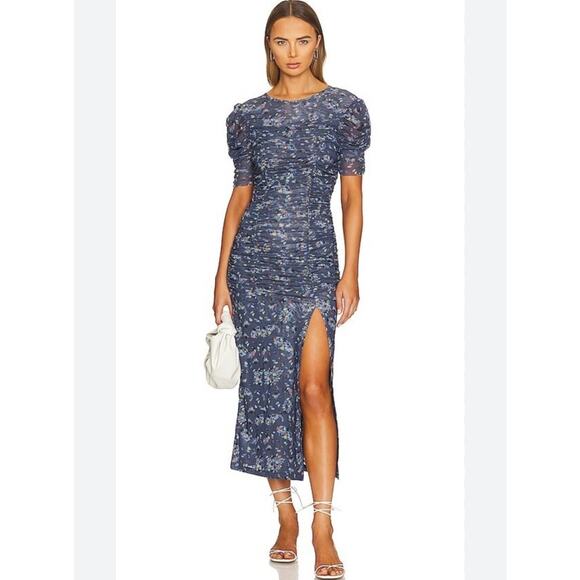 Free People Briella Floral Ruched Midi Dress in Navy Combo Sz XS - Picture 1 of 6